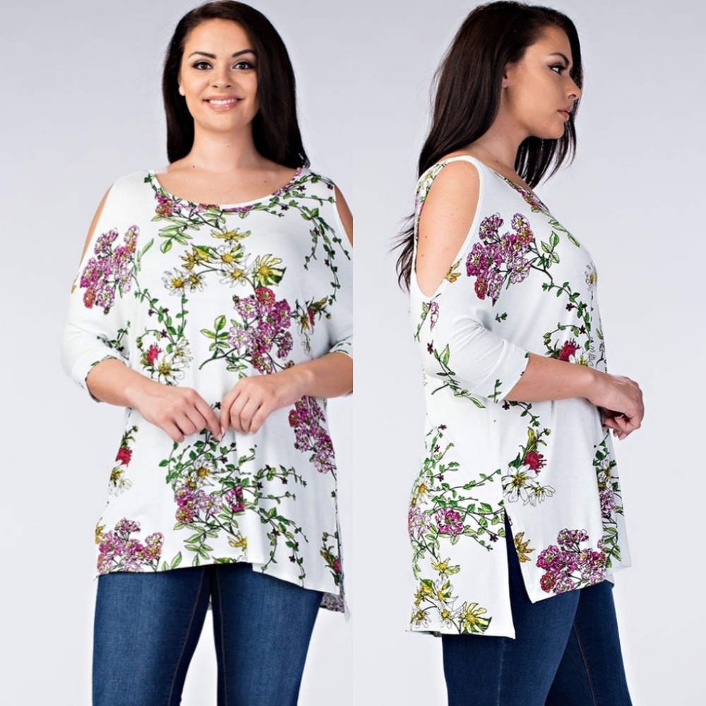 🌺PLUS Floral Cold Shoulder Tunic Top